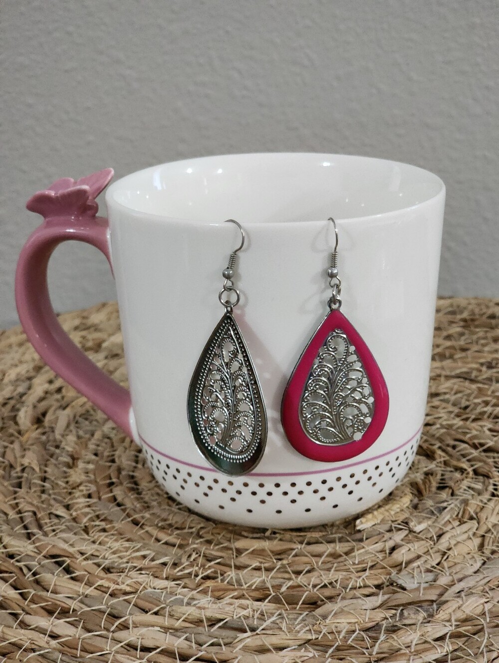 SALTY PINE Pink Teardrop Filigree Dangle Earrings - Picture 6 of 7